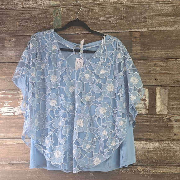 NY Collection Blue Asymmetrical Flutter Sleeve Blouse, Plus Size 3X, NWT - Picture 1 of 5